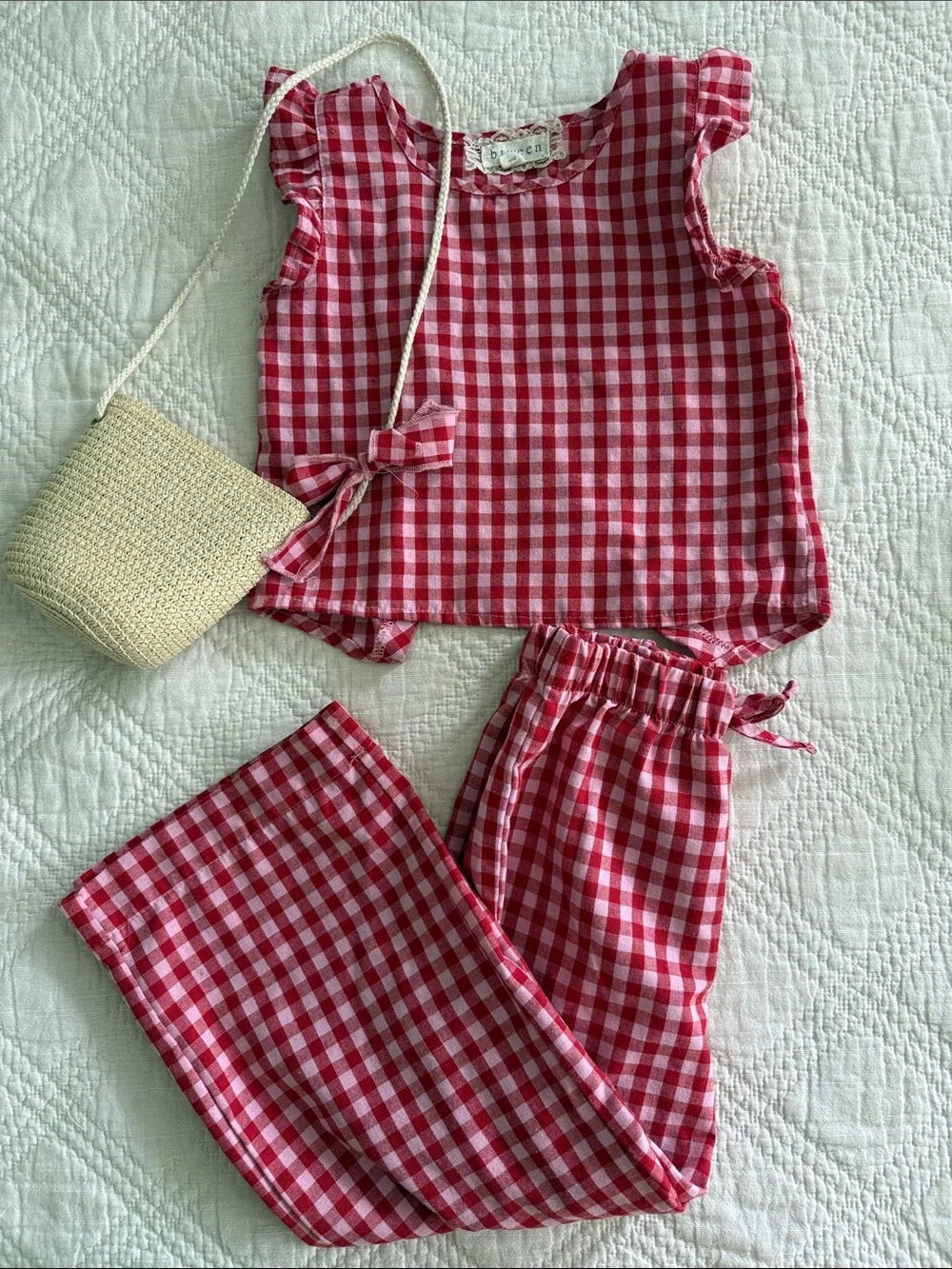 Btween Pink Gingham Wide-Leg Pants and Top and denim floral pink pinafore Sz 5